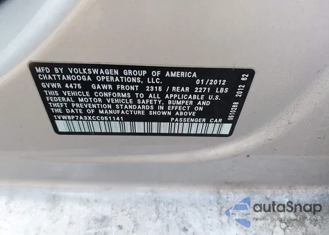 2012 Volkswagen Passat 2.5L Se из США, поврежденный, VIN 1VWBP7A3XCC051141